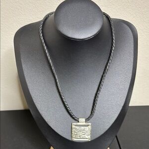Silver Square Pendant Thailand Black Braided Leather Necklace